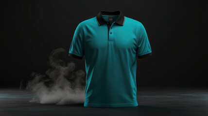 teal polo shirt 3D mockup, podium with smoke, black background