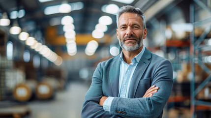 Wall Mural - A man in a suit is standing in a warehouse with his arms crossed