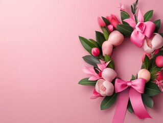 Wall Mural - Pink Floral Wreath with Pink Ribbon on Pink Background