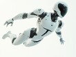 © Sunisa - A full-body android robot captured mid-jump with legs bent and arms spread wide, isolated on a bright background