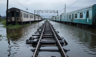 A train track is flooded with water and a train is sitting on the tracks