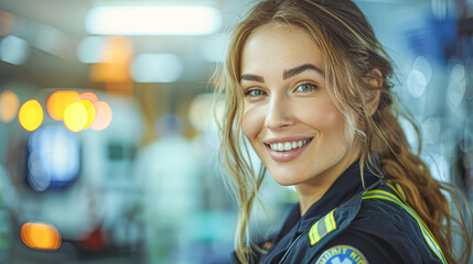 Sticker - A woman with a smile on her face is wearing a green and yellow uniform