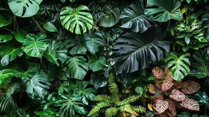 Wall Mural - a lush green jungle with many different types of plants and leaves. concept of abundance and growth,