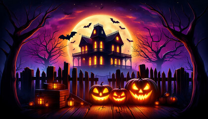 Halloween background with pumpkins scene featuring a haunted house with glowing windows purple sky and full moon and bats hover above the silhouette of eerie trees