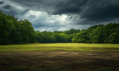 Wall Mural - thick green forest beside a dry, lifeless plain under a cloudy sky. --ar 5:3 --v 6.1 job id: 2bf14af