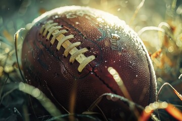 A close-up shot of a football lying on the grass, ideal for sports-related contexts