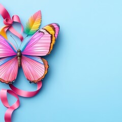 Canvas Print - Colorful Butterfly with Pink Ribbon on Blue Background