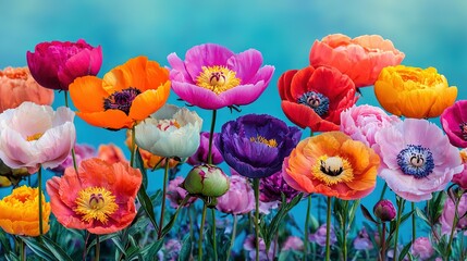 Wall Mural -   A field of colorful flowers with a blue sky in the background and a blue sky in the foreground