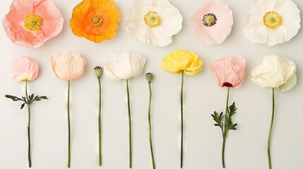 Wall Mural -   A collection of white paper blooms rests atop a table with adjacent rows of pink and yellow blossoms