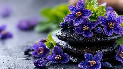 Poster -   A black rock pile supports a mound of purple flowers, topped by lush green foliage