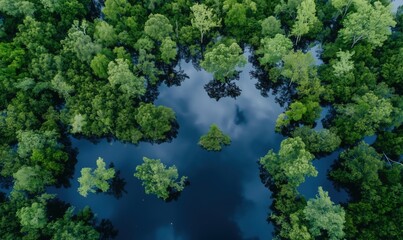 Wall Mural - a forest with a body of water in the center. the water is blue and surrounded by trees