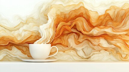 Wall Mural -  A cup of coffee sits atop a saucer, beside an orange-white swirled wall