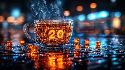 Wall Mural -   A cup of hot tea with the number 20 on it is encircled by tiny ice cubes