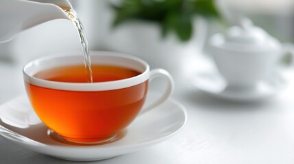 Poster -   Person pours tea into white cup on white saucer with green plant background