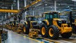 © panumas - A factory with many yellow tractors on a conveyor belt. The tractors are being assembled and are in various stages of completion. Scene is one of productivity and efficiency