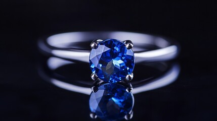 Wall Mural - Close-up of a sapphire, silver ring, and studio set against a black backdrop, representing luxury and vintage goods. Tanzanite, a blue gemstone, shines and glows with reflection when set in white gold