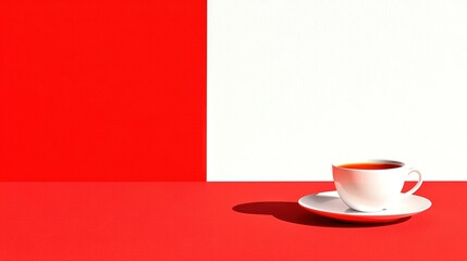 Wall Mural -   A cup of coffee atop a saucer on a red-white table beside a red-white wall