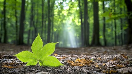 Wall Mural -   A lush green leaf rests on the forest floor, bathed in golden sunlight filtering down from above through the towering tree canopy