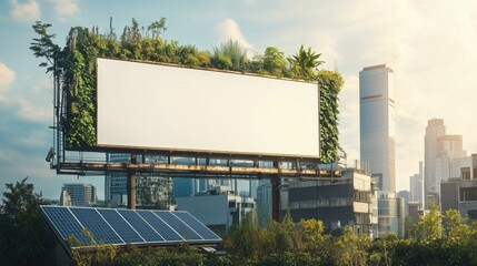 A billboard with a green roof and solar panels on top. The billboard is white and is surrounded by a cityscape