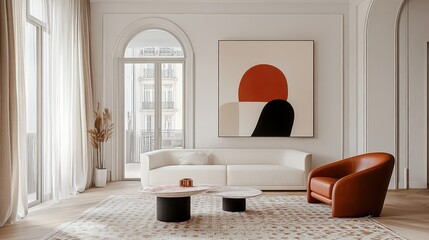 An abstract modern living room, minimalist design, white sofa, terracotta leather armchair, hardwood floors, arched doorway, large geometric abstract painting, patterned rug, neutral color palette, na