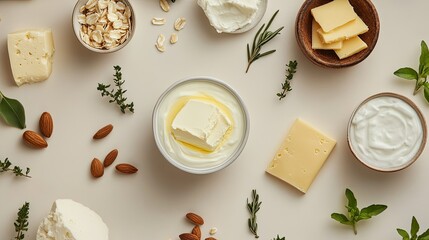 A flat lay of plant-based butter, cheese slices, and yogurt bowls with room for copy space on a neutral background.