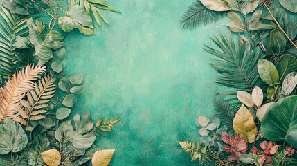 Wall Mural -   A painting showcases vibrant tropical plants against a lush green backdrop with space for text in the bottom-right