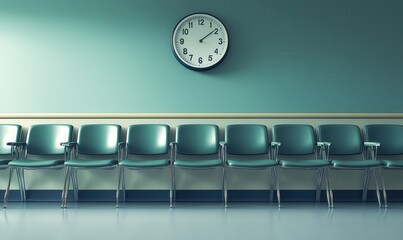 A row of chairs are lined up in a waiting room with a clock on the wall. The clock shows that it is almost time for the next appointment. The chairs are all facing the same direction