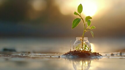   A tiny seed germinates in a jar filled with water and soil