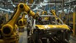 © panumas - A yellow robot is working on a car in a factory. The robot is in the process of assembling the car, and the car is in the middle of the assembly line. Concept of precision and efficiency