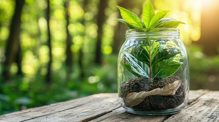 Wall Mural -   Wooden table, glass jar filled with plant, sunlight streaming from treetops