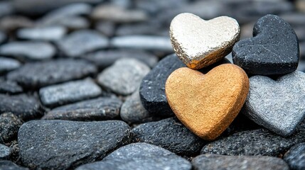 Poster -  Three heart-shaped rocks stacked atop black and gray stones, crowned by a white heart