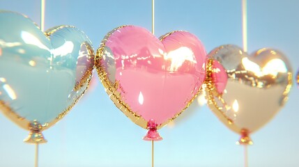 Wall Mural -   Three heart-shaped balloons hang from a blue line against a light blue sky background