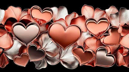 Wall Mural -   A collection of pink hearts stacked atop a heap of white and pink blossoms on a black backdrop