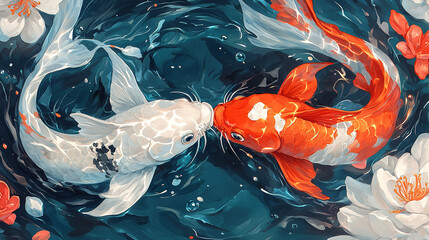 Wall Mural -   A painting of two orange and white koi fish swimming in a pond of water with red and white flowers