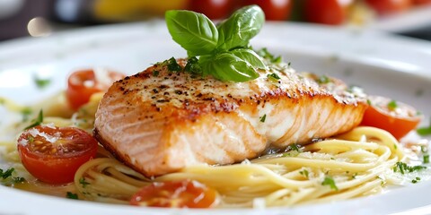 Wall Mural - grilled salmon, pasta with tomato sauce and basil, ai generated.