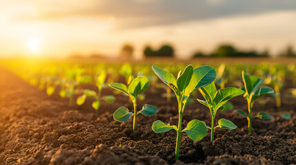 Poster - Young Green Plants Growing in Rich Soil at Sunset, Perfect for Agricultural and Environmental Themes