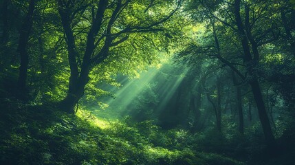 Wall Mural -   A verdant woodland teems with abundant foliage and sunbeams filtering through the tree canopies that flank the trail