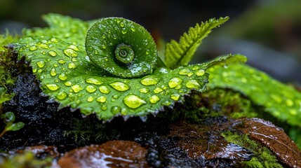 Wall Mural -   A close-up of a verdant leaf with droplets of water and a green plant with brown foliage in the background