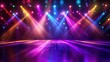 © MakoPoko - Abstract rendering of disco lights casting vibrant multicolored beams across a dark stage with soft reflections on the floor.