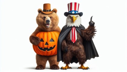 Canvas Print - Patriotic Bear and Eagle Celebrate Halloween - A friendly bear dressed in a cowboy hat and holding a jack-o-lantern stands next to a bald eagle in a patriotic hat, symbolizing unity,  holiday spirit, 