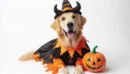 Sticker - Adorable Golden Retriever Dressed as a Witch for Halloween - A cute golden retriever dog is dressed in a witch costume, complete with a pointy hat and a black and orange outfit, holding a pumpkin. The