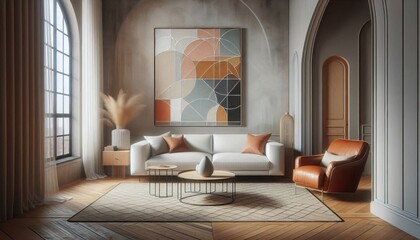 An abstract modern living room, minimalist design, white sofa, terracotta leather armchair, hardwood floors, arched doorway, large geometric abstract painting, patterned rug, neutral color palette, na