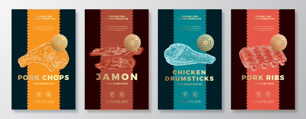 Wall Mural - Beef and Salmon Steak, Chicken Thighs, Jamon Vector Packaging Label Design Templates Set. Product Banner, Hand Drawn Meat, Fish and Poultry Sketches. Food Background Layout with Gold Foil Isolated