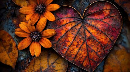 Wall Mural -   A heart-shaped leaf rests beside a bloom atop a mound of foliage atop a rock