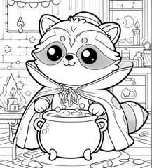 chubby raccoon with cauldron  line art  generative ai