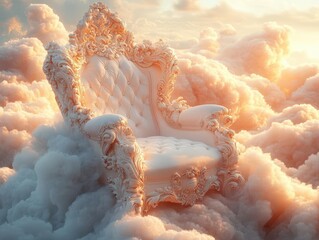 heavenly throne concept ornate white seat surrounded by billowing clouds ethereal lighting and soft focus create sense of divinity and transcendence