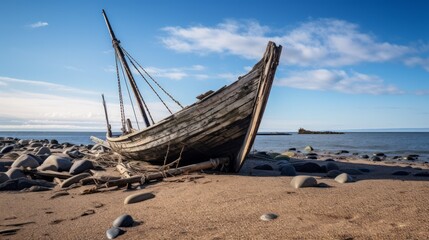 A view of the ruins of a wooden sailing boat in the old harbour. Neural network ai generated art