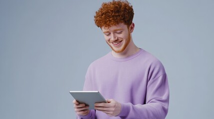 Rose purple, red hair short curly hair, red brick walls, happy to play tablet computer