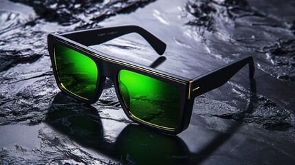 A dark charcoal surface with glossy black sunglasses featuring neon green lenses, reflecting a soft light