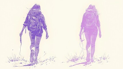 Wall Mural -   Two people, backpacks, snow-covered hill, walking